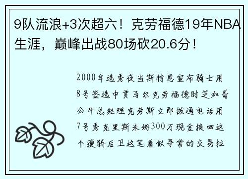 9队流浪+3次超六！克劳福德19年NBA生涯，巅峰出战80场砍20.6分！